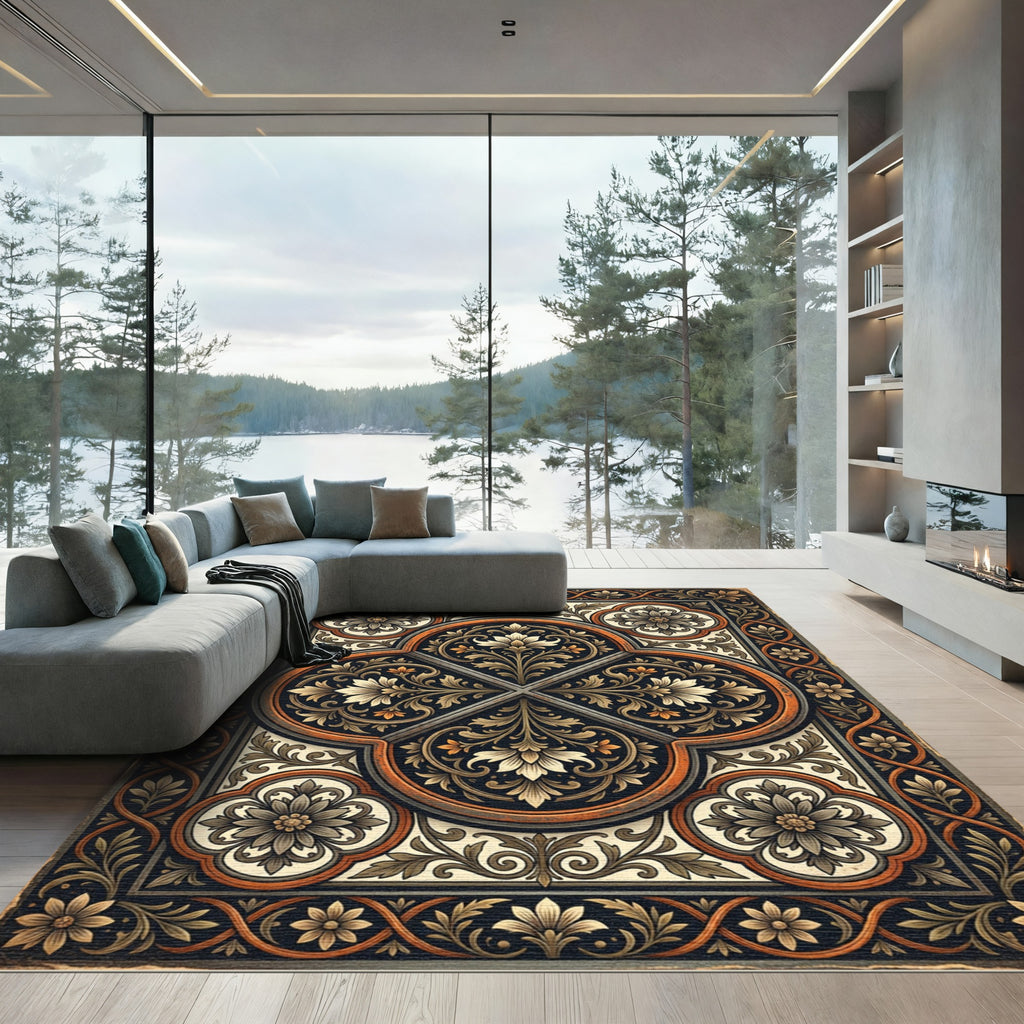 Ornate Black Gold Floral Quadrant Rug