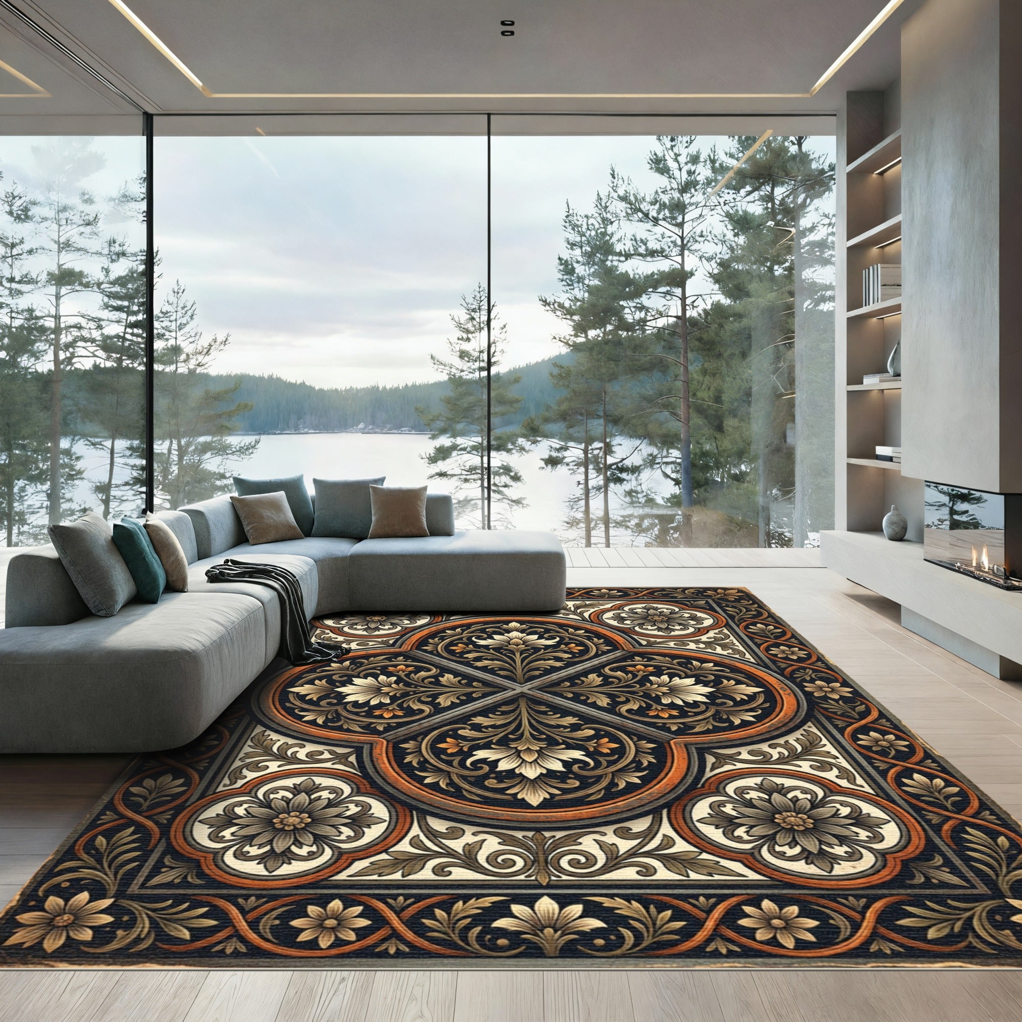 Ornate Black Gold Floral Quadrant Rug