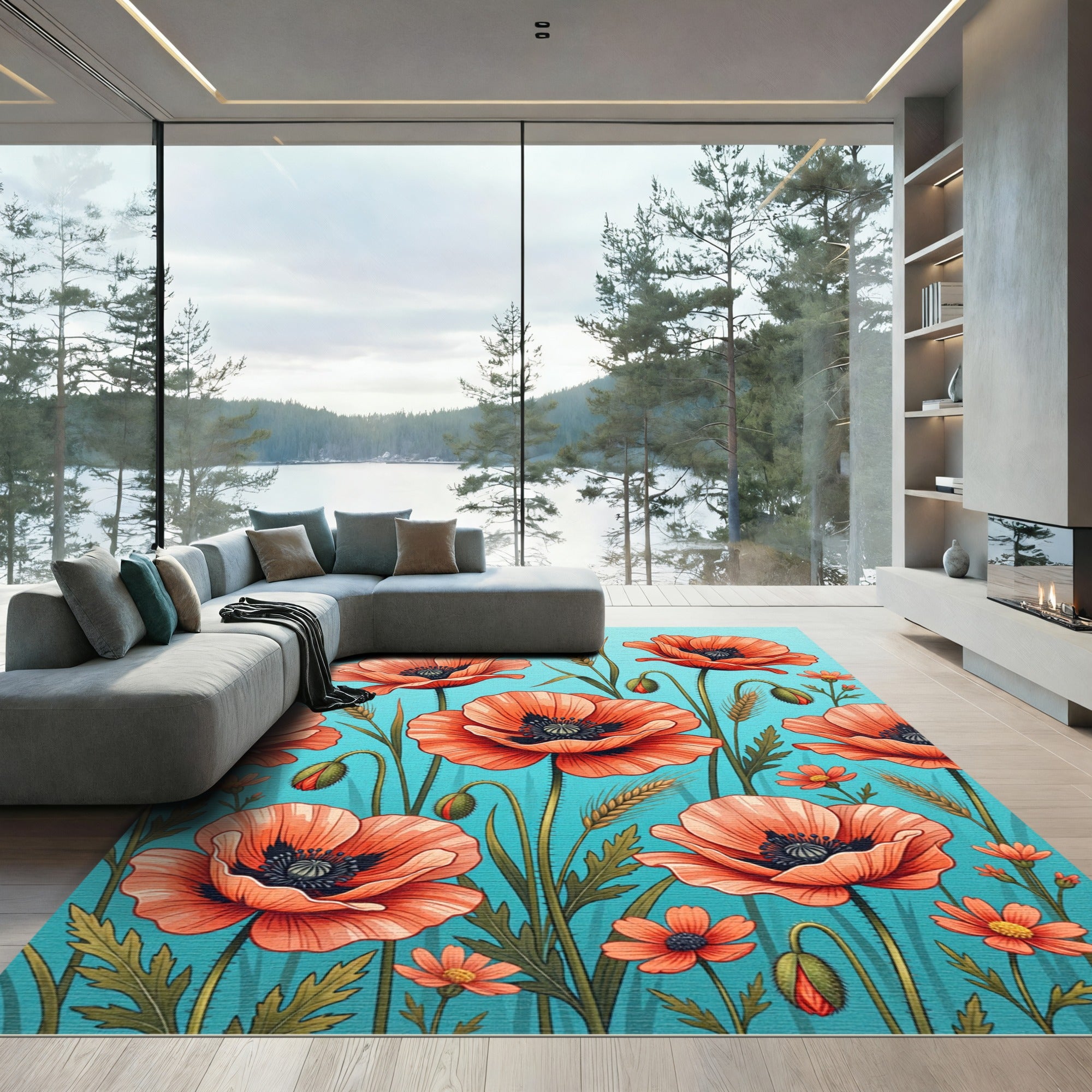 Coral Poppies And Wheat Field Rug