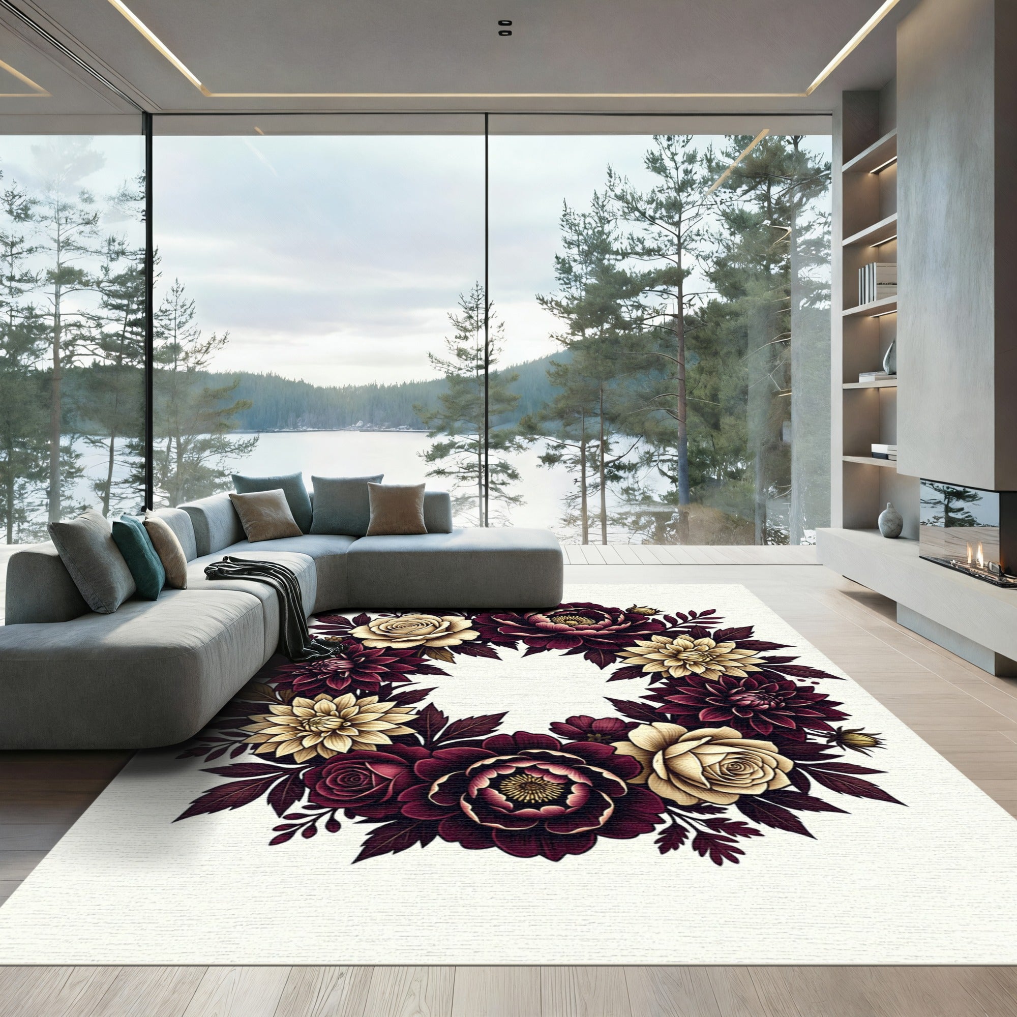 Burgundy Cream Floral Wreath Round Rug