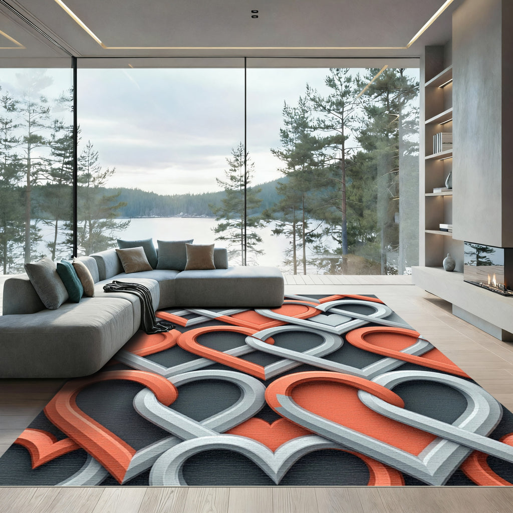 Interlocking Peach and Gray Heart Rug