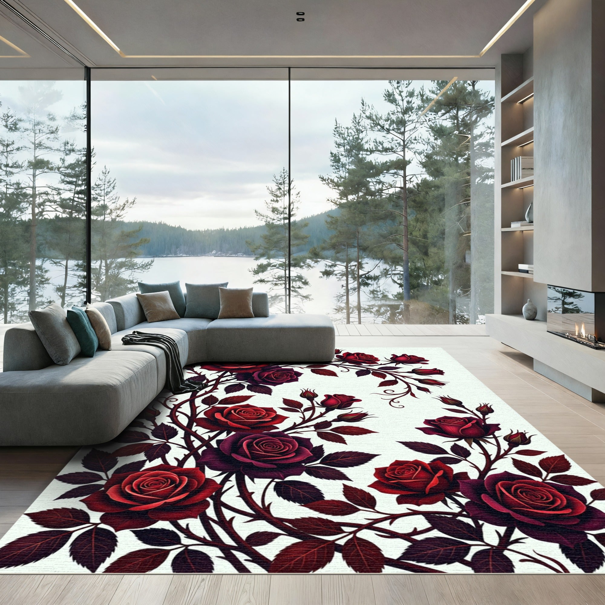 Rich Crimson Rose Vine Garland Rug
