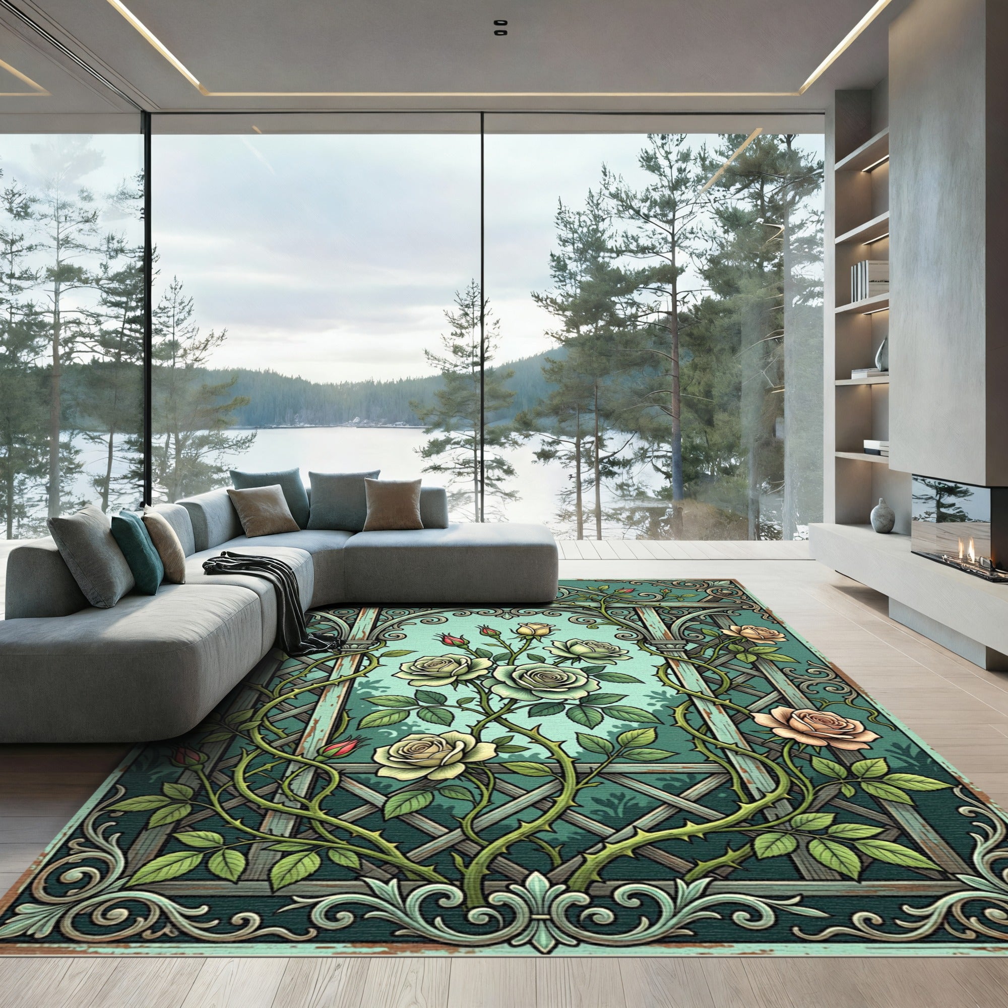 Vintage Teal Rose Trellis Illustration Rug