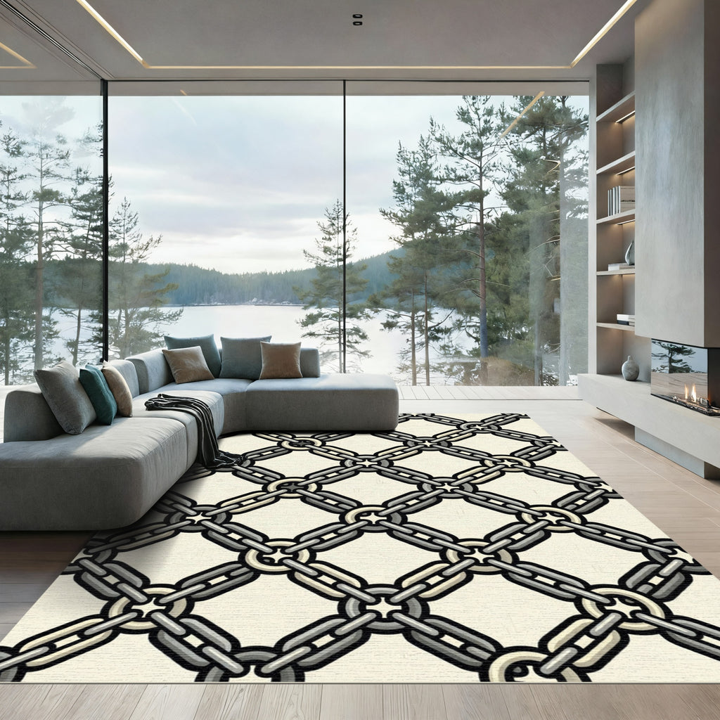 Industrial Gray Chain Link Grid Rug