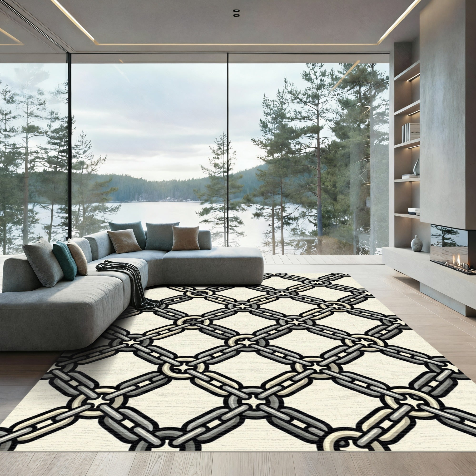 Industrial Gray Chain Link Grid Rug