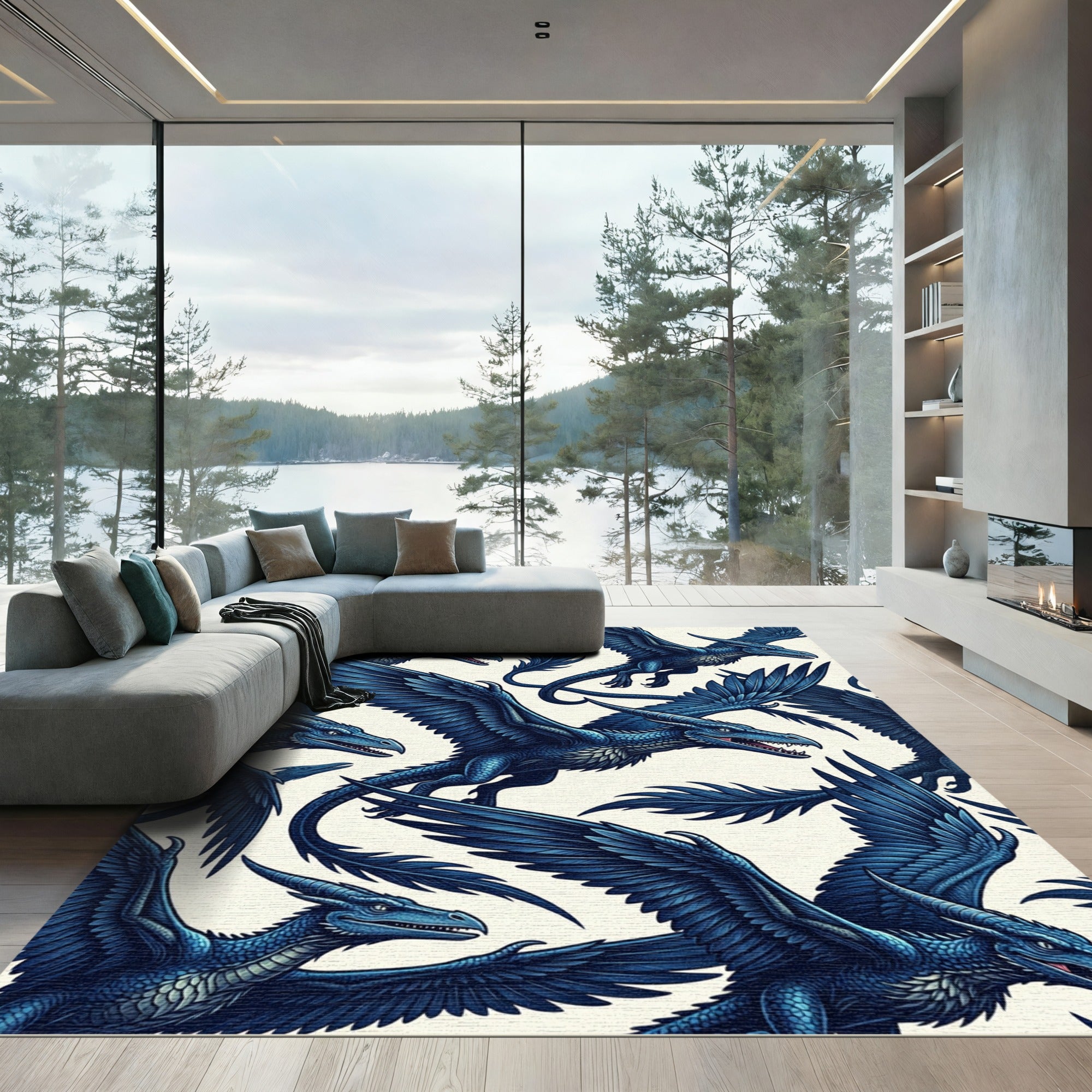 Majestic Sapphire Dragon Flight Composition Rug