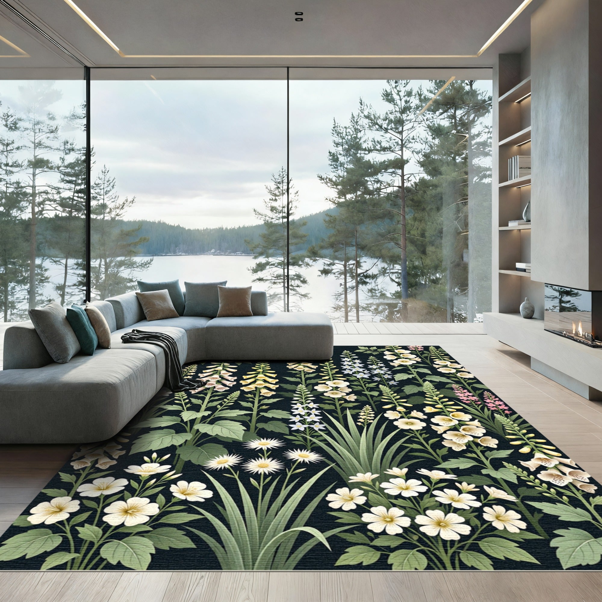 Botanical Wildflower Garden on Black Canvas Rug