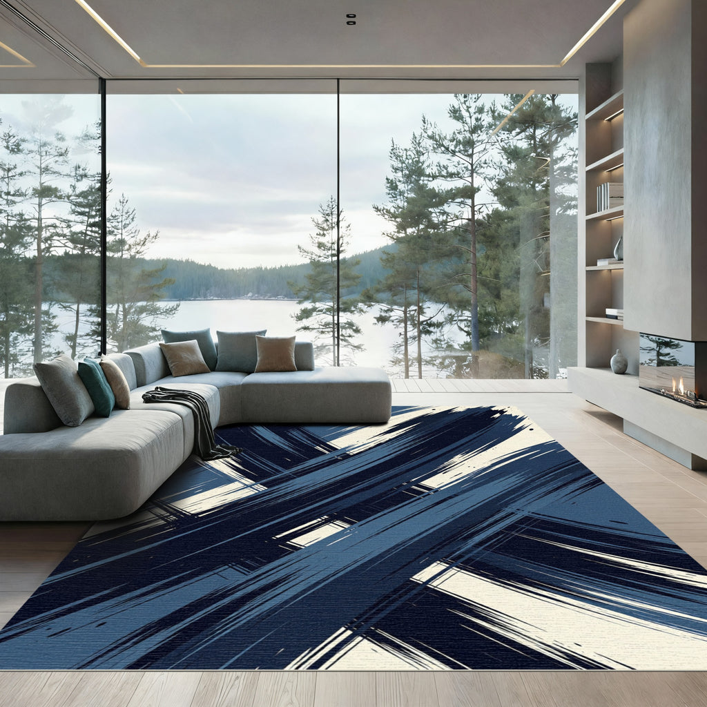 Modern Navy Blue Abstract Brushstroke Rug