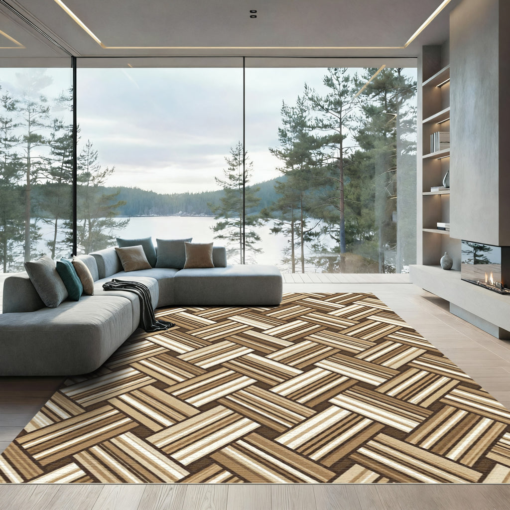 Woven Tan Herringbone Stripes Rug
