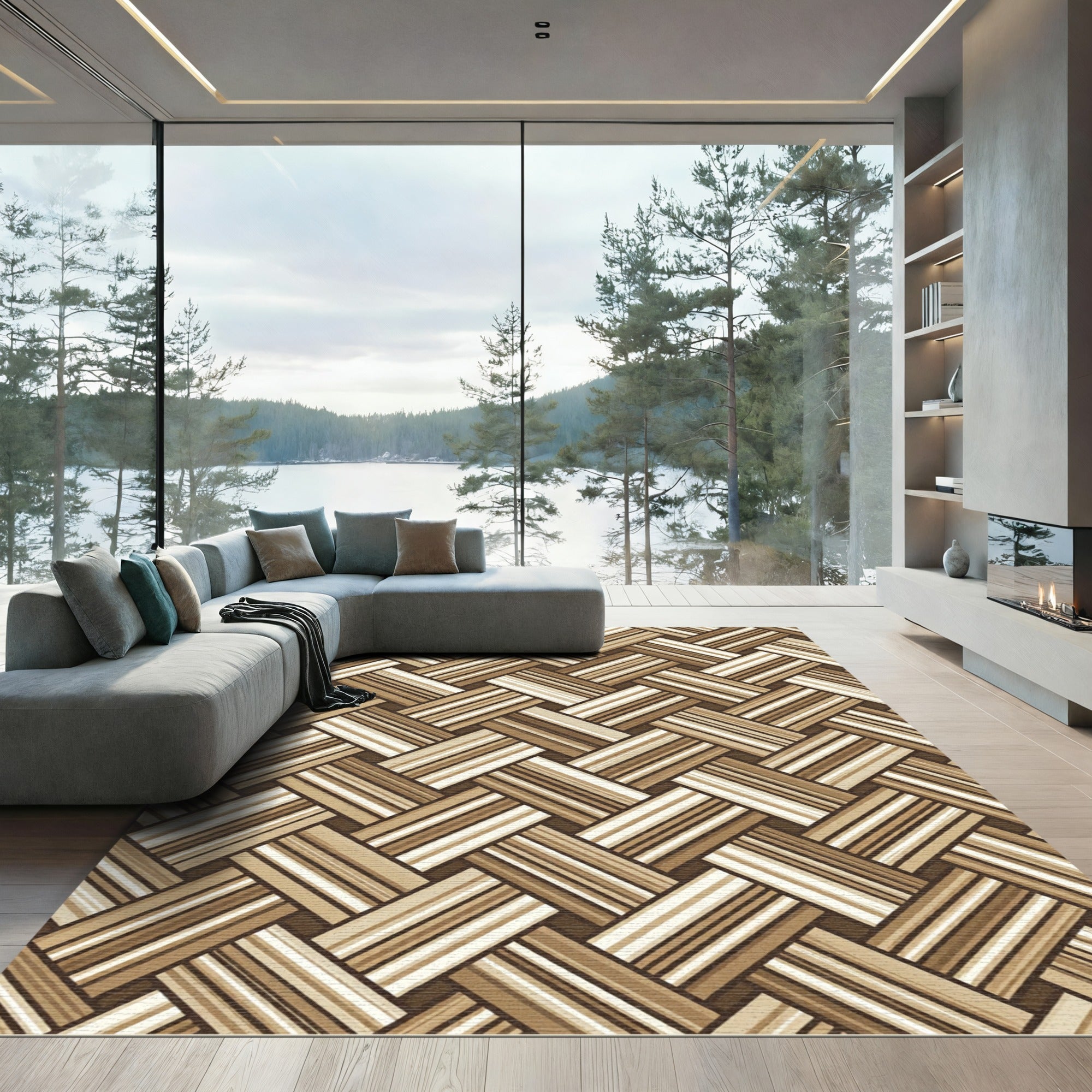 Woven Tan Herringbone Stripes Rug