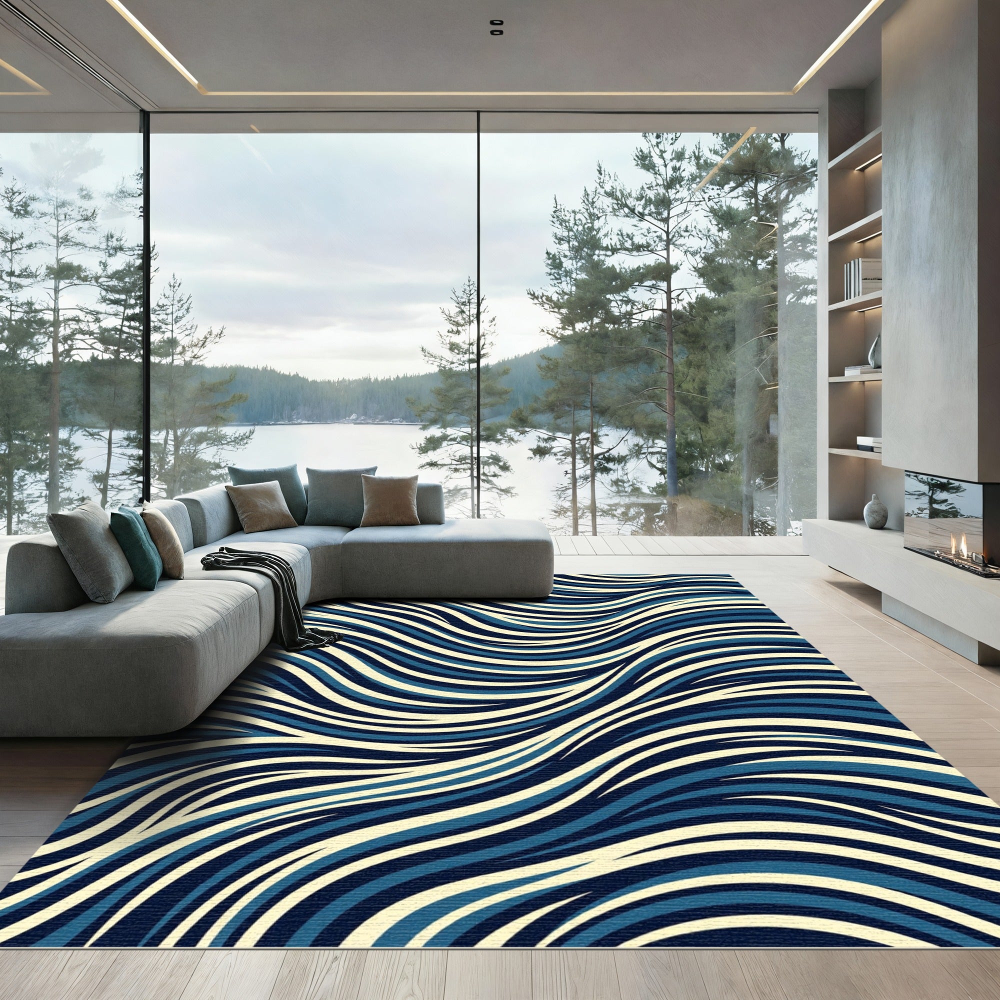 Navy Blue Abstract Flowing Wave Lines Rug