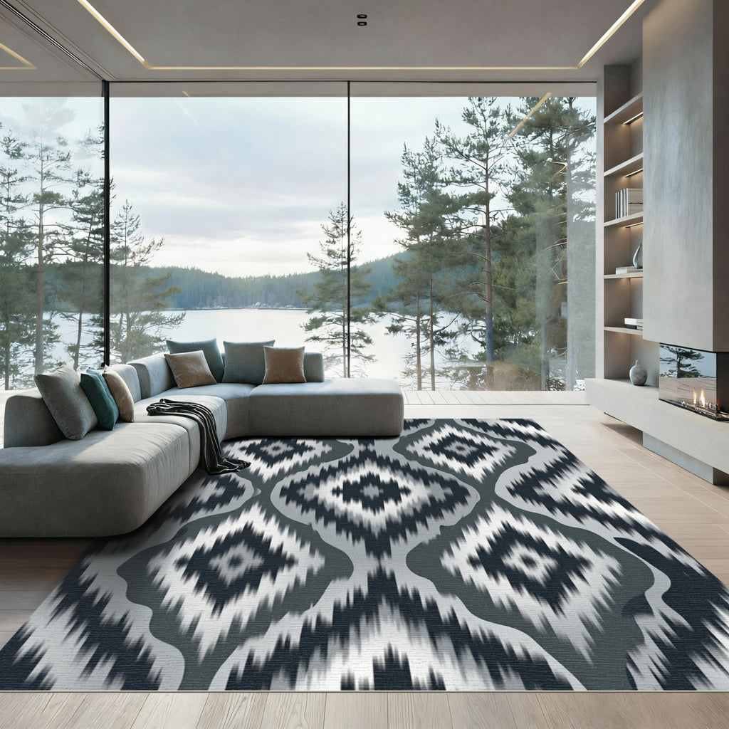 Monochrome Abstract Ikat Diamond Jacquard Rug