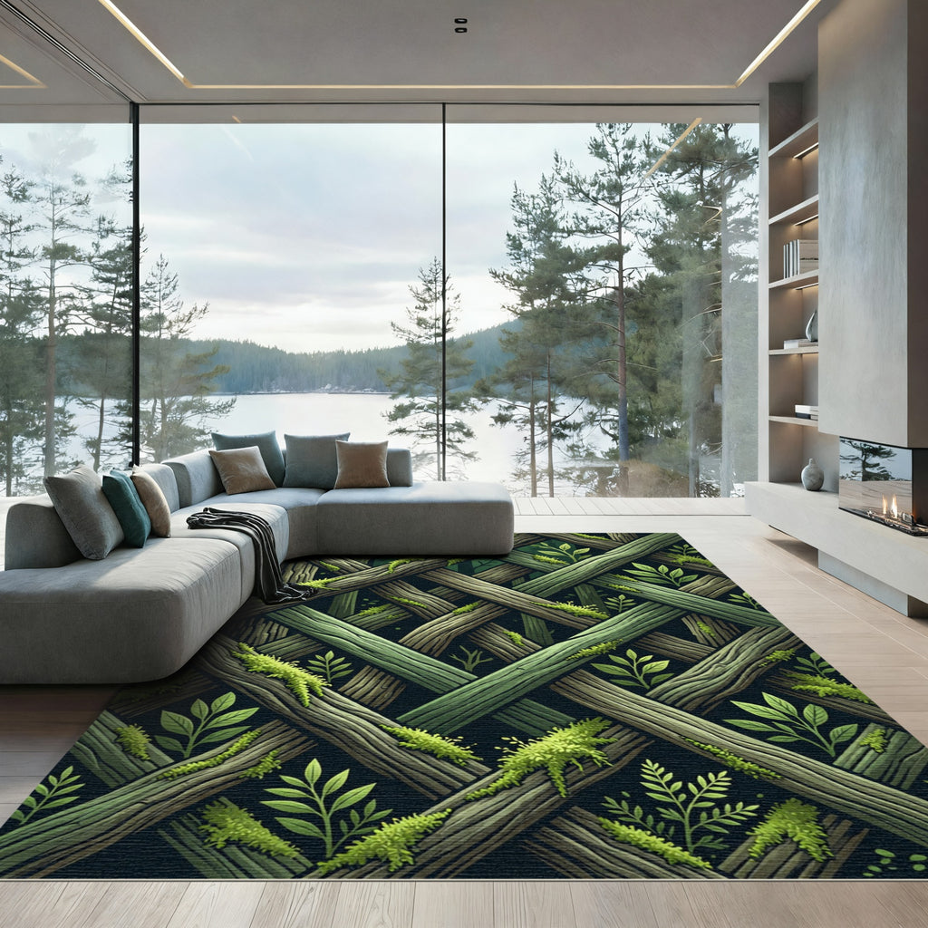 Mossy Overlapping Forest Branch Grid Rug