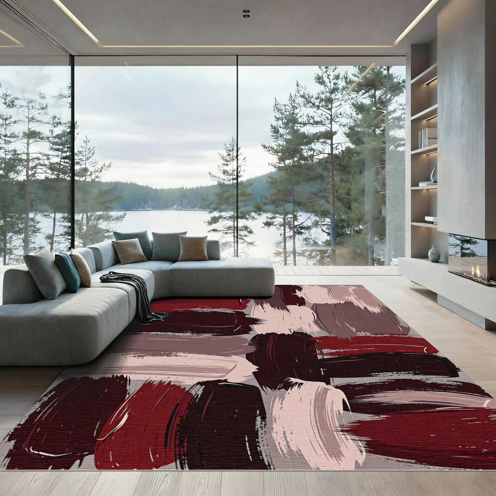 Abstract Dark Red Brush Stroke Art Rug