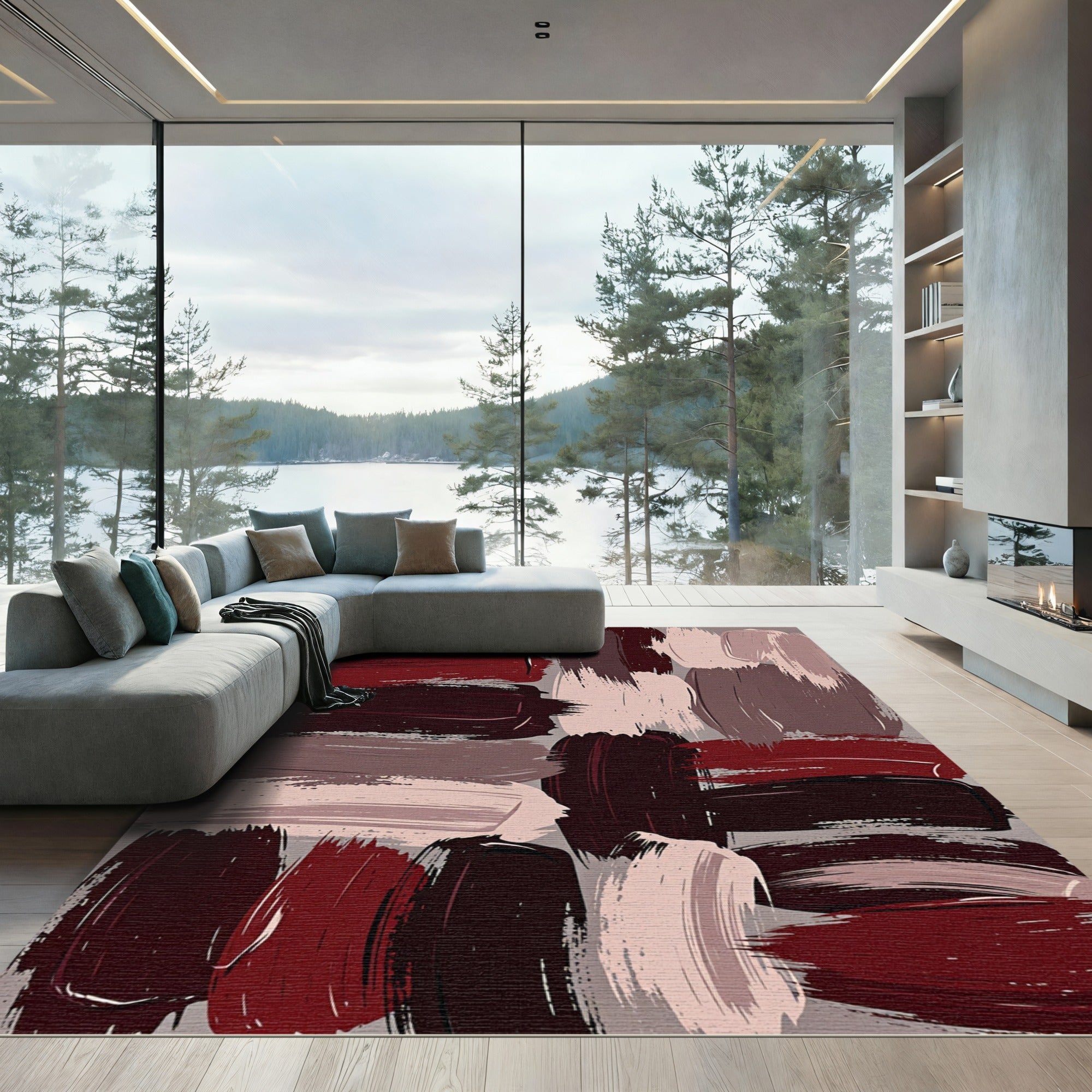 Abstract Dark Red Brush Stroke Art Rug