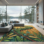 Golden Wheat and Teal Fern Foliage Rug