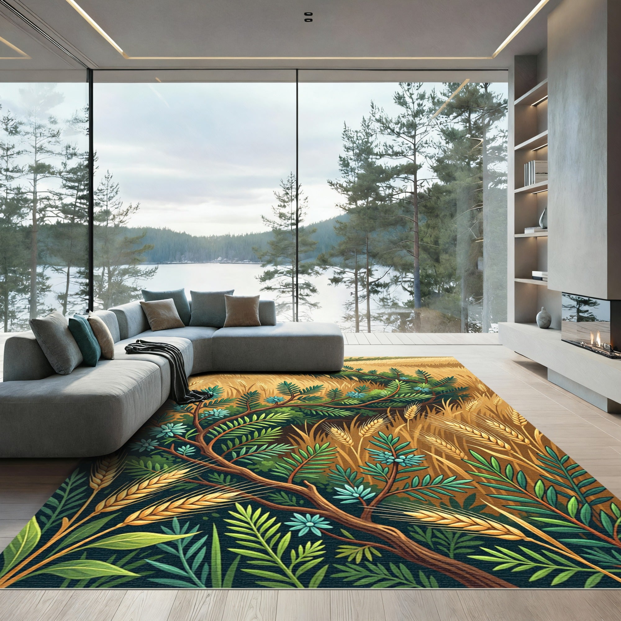Golden Wheat and Teal Fern Foliage Rug
