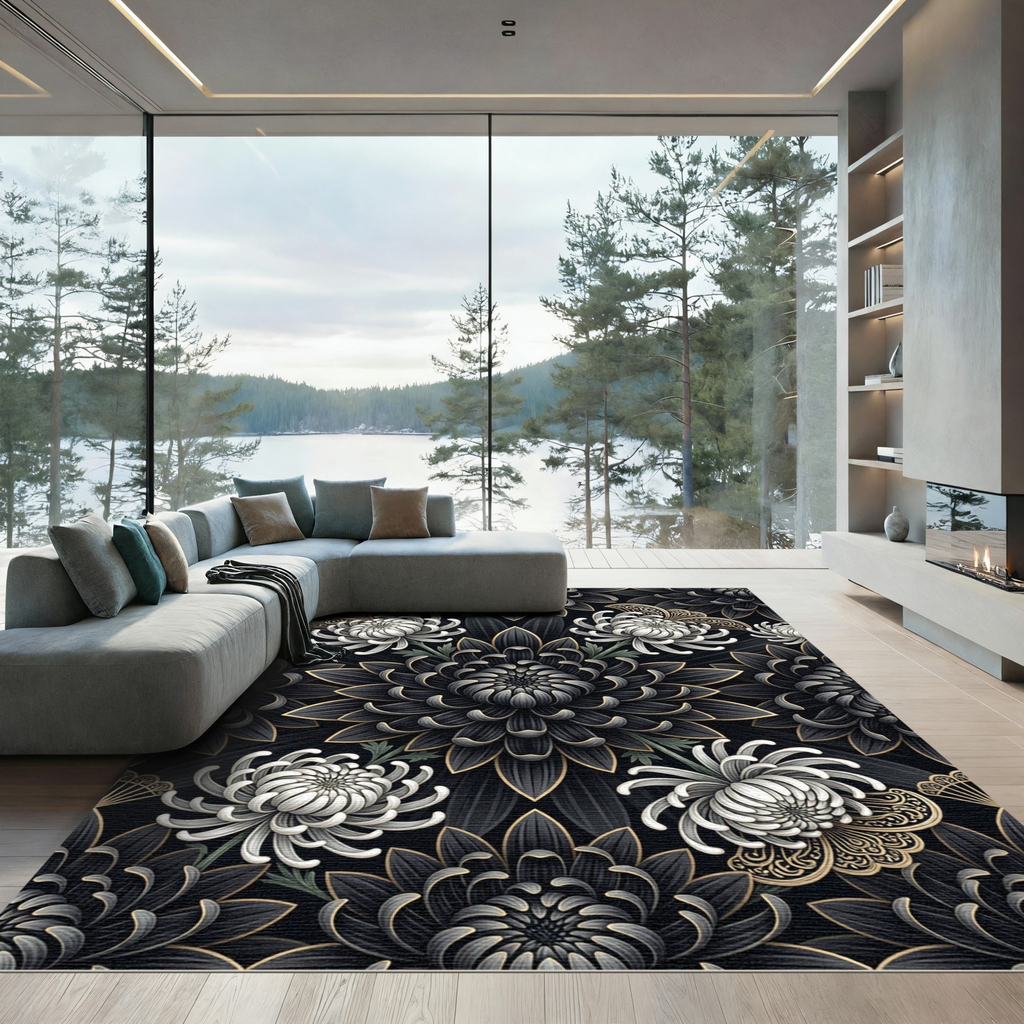 Gothic Black and White Chrysanthemum Art Rug