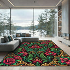 Opulent Crimson Floral Gold Scrollwork Rug