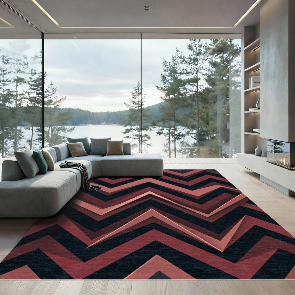 Modern Geometric Crimson Chevron Art Rug