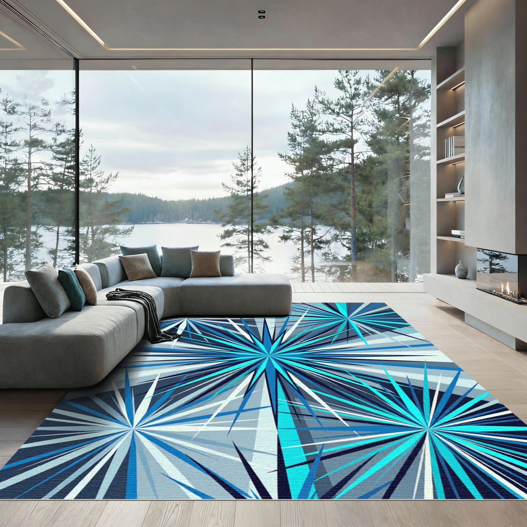 Radiant Blue Geometric Starburst Abstract Rug