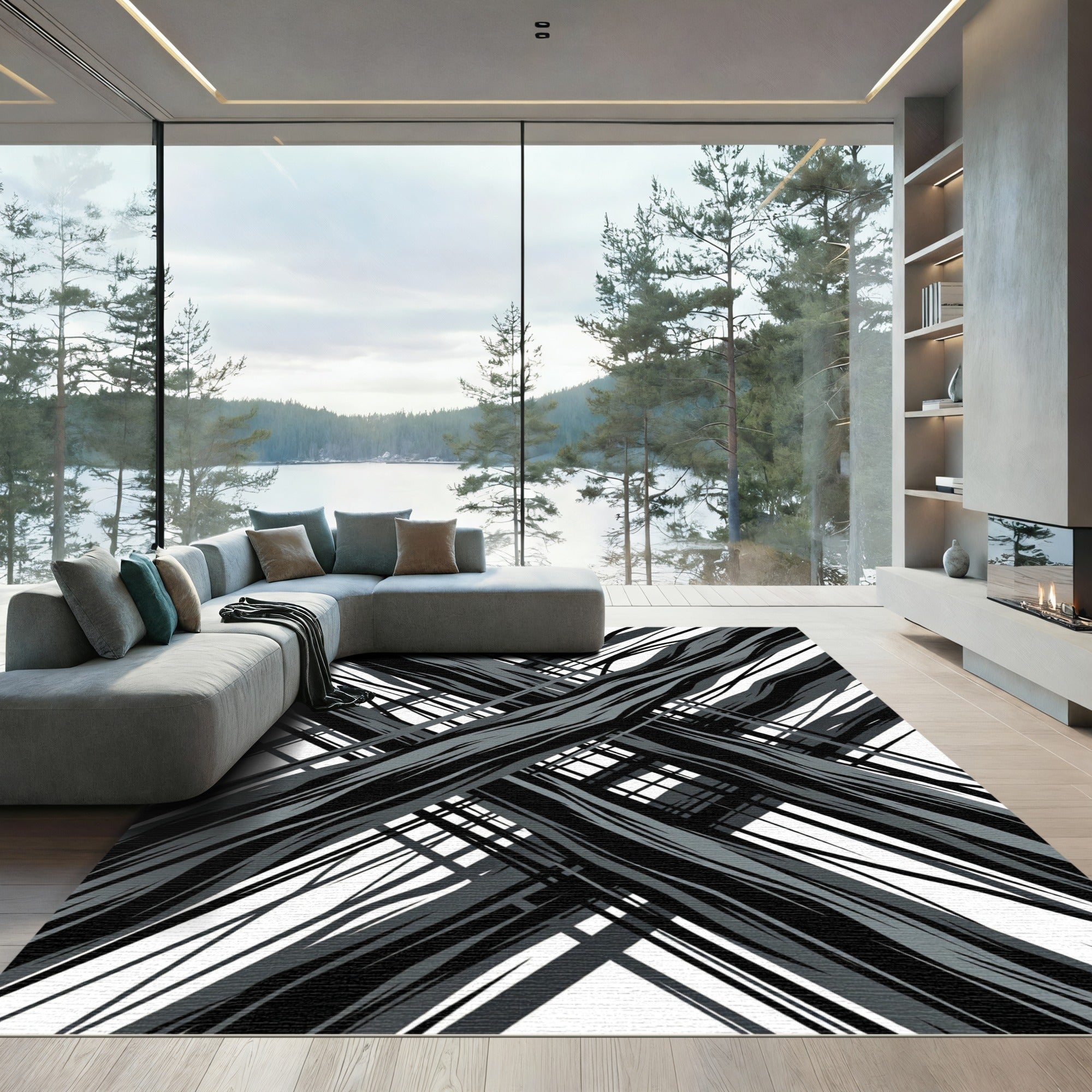 Modern Black and Gray Abstract Crosshatch Rug