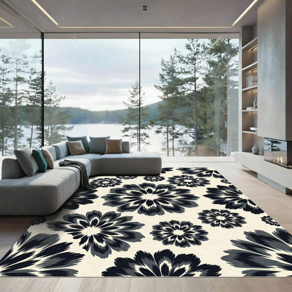 Black and White Monochrome Floral Meadow Rug