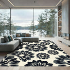 Black and White Monochrome Floral Meadow Rug