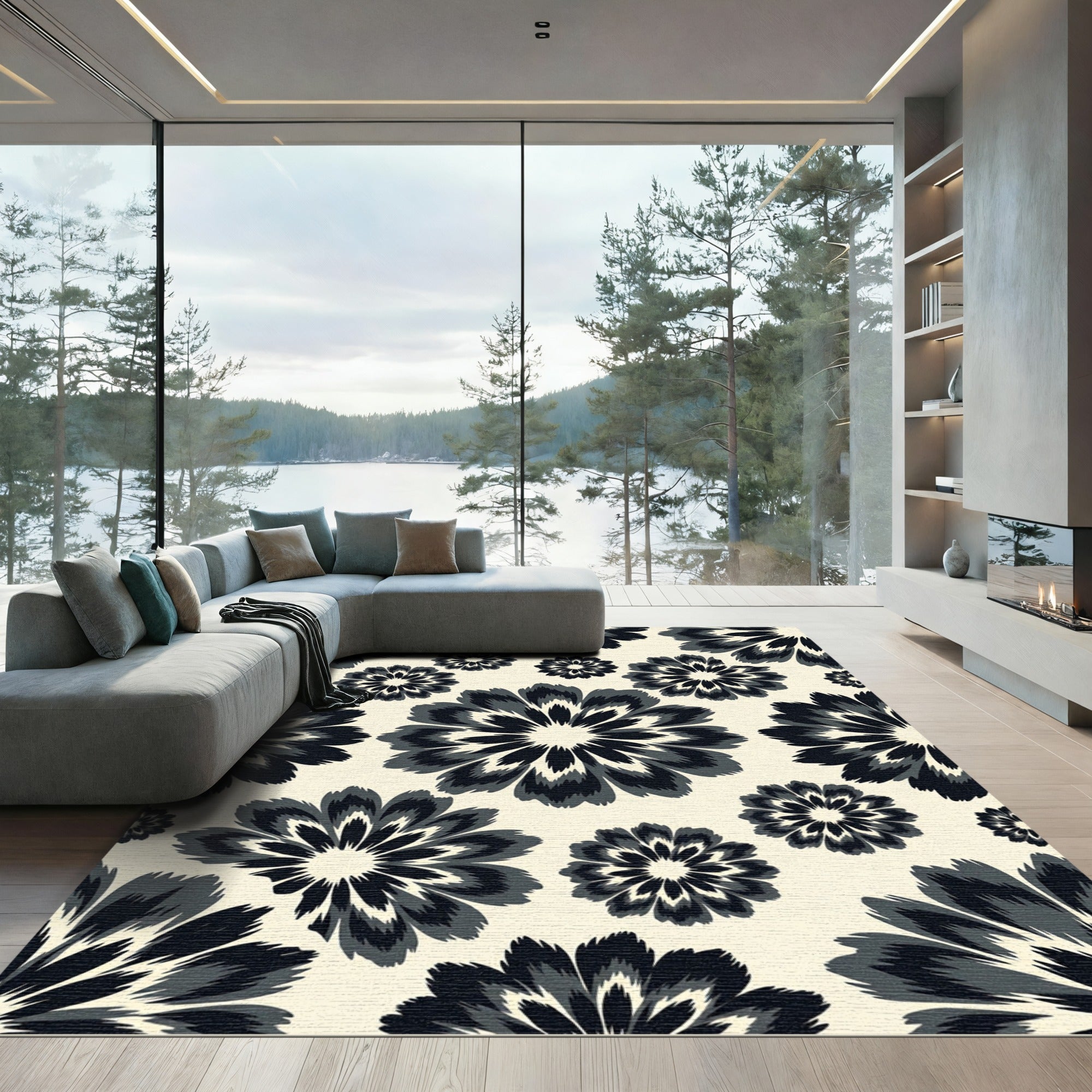 Black and White Monochrome Floral Meadow Rug