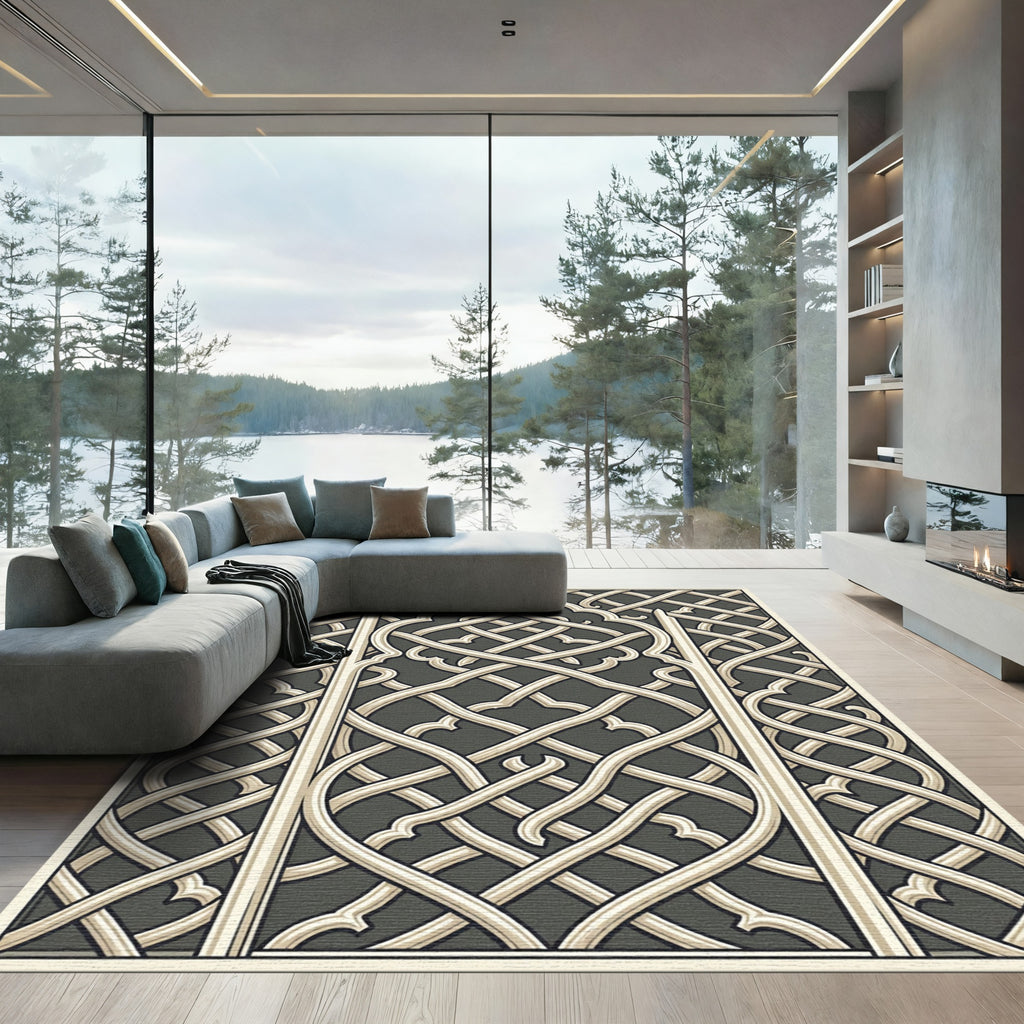 Intricate Ivory Interlocking Lattice Charcoal Rug