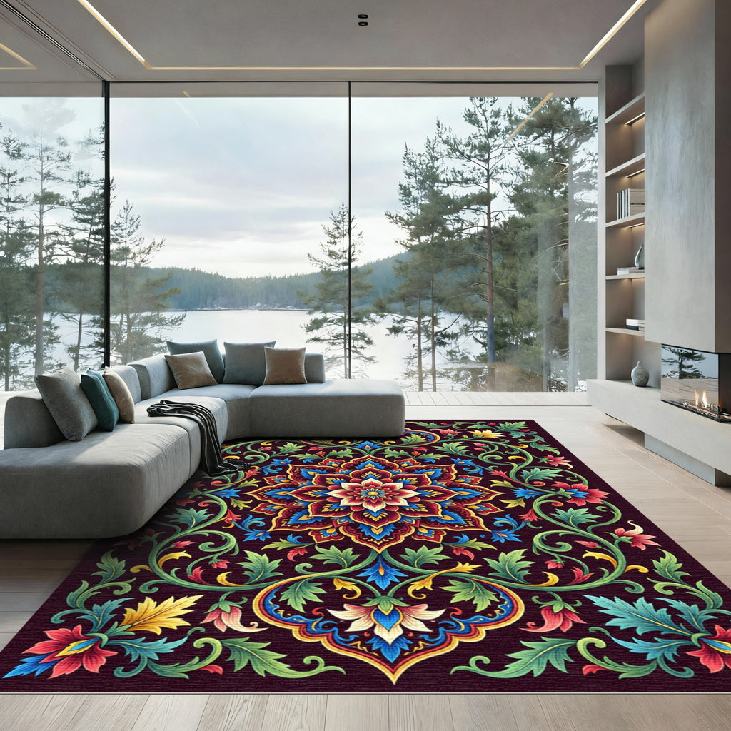 Vibrant Crimson Floral Medallion Swirl Rug