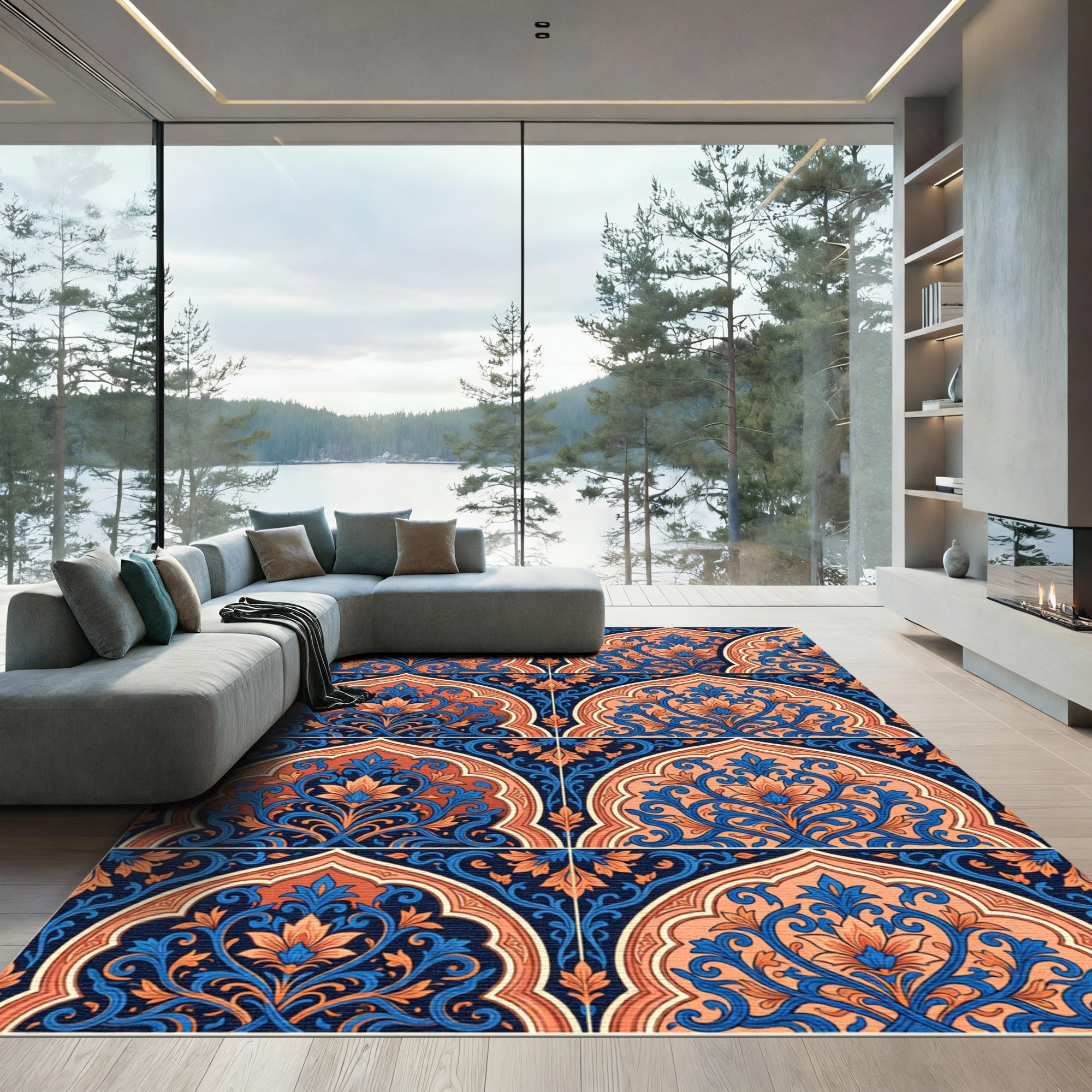 Coral Blue Floral Archway Medina Rug