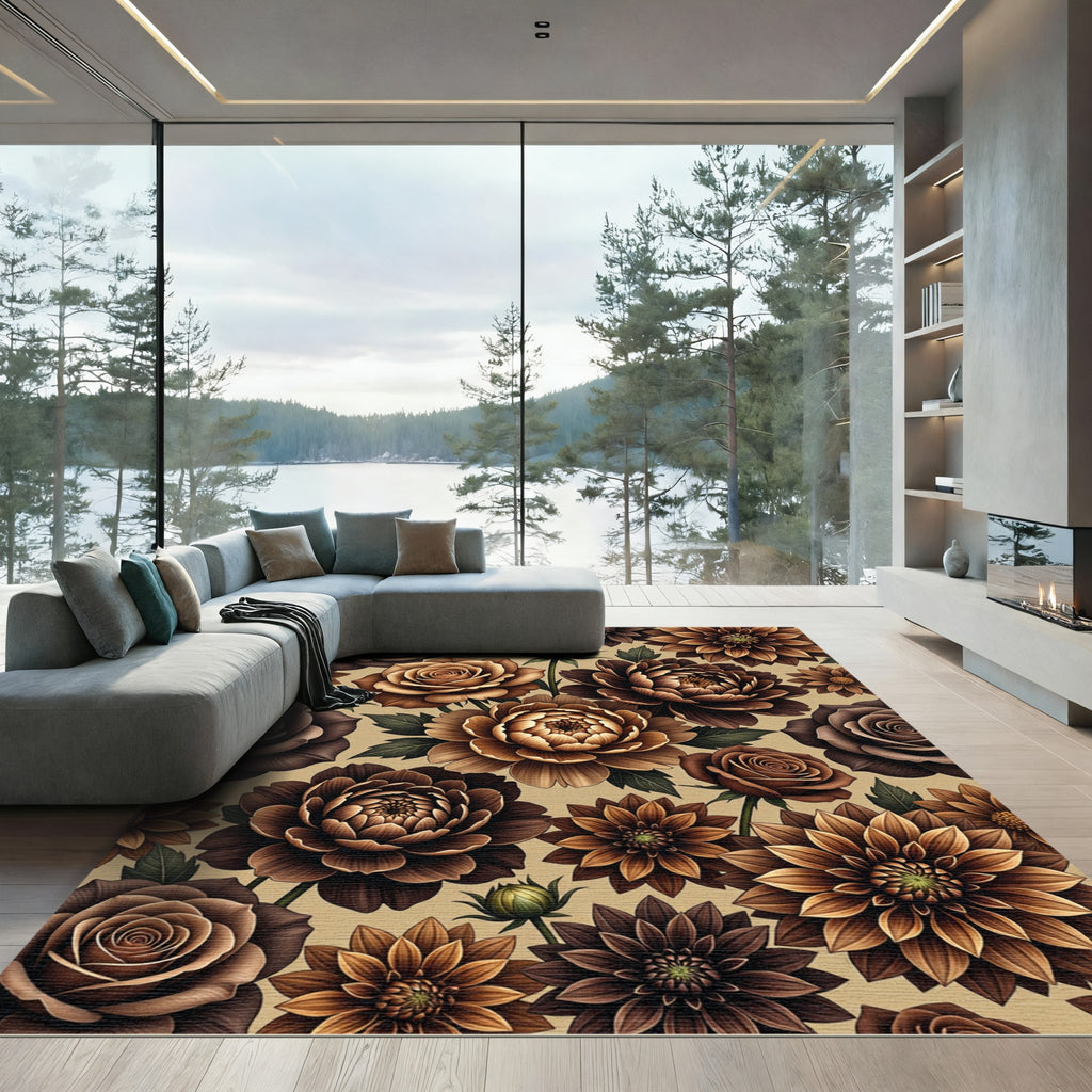Earthy Brown Floral Botanical Garden Rug