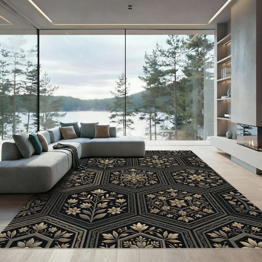 Gilded Floral Hexagon Art Rug