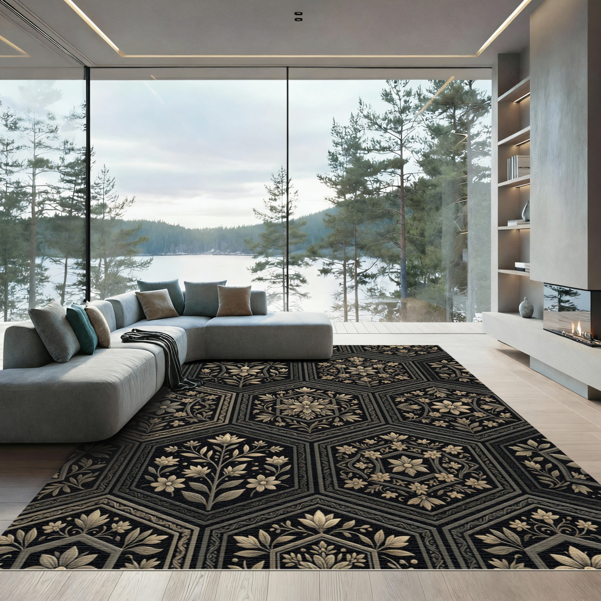Gilded Floral Hexagon Art Rug