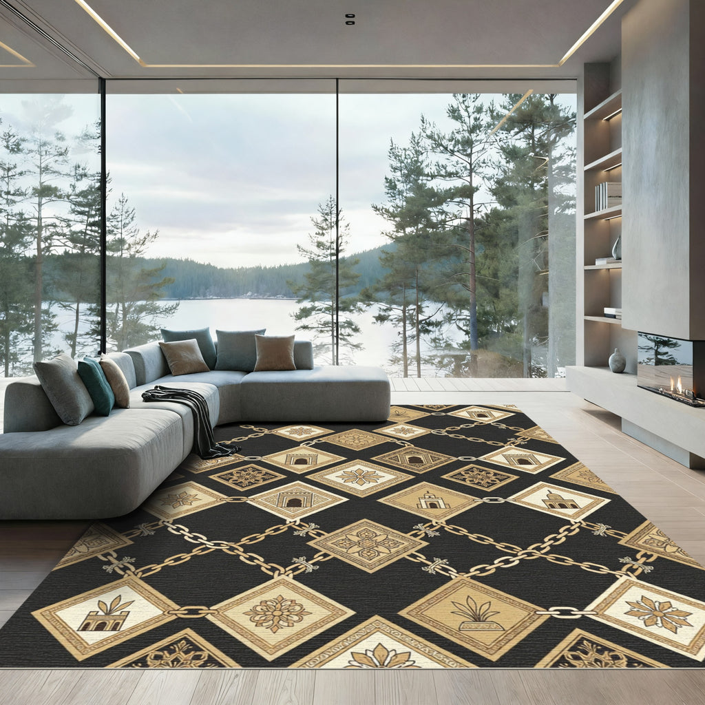 Gold Geometric Chain Architectural Square Tile Rug