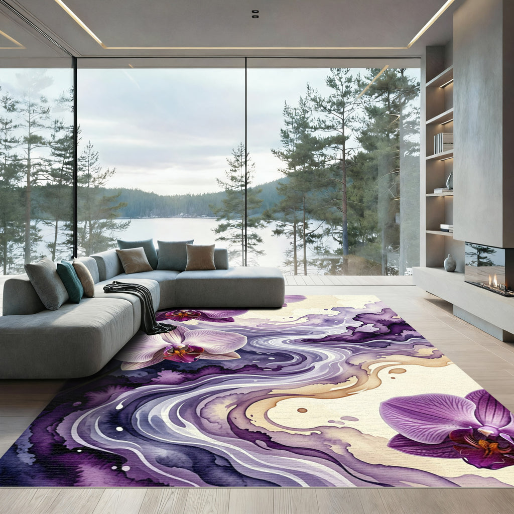 Elegant Purple Orchid Watercolor Flow Rug
