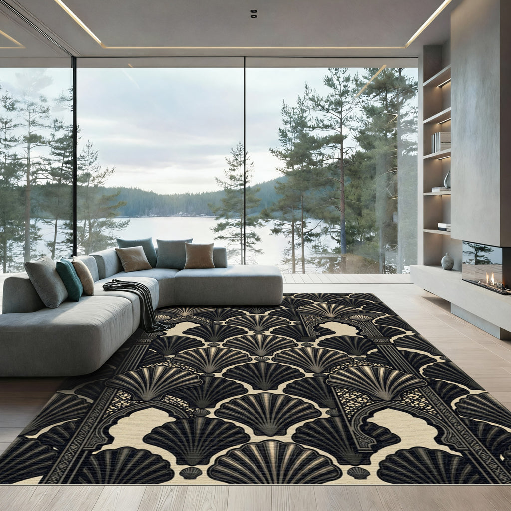 Elegant Art Deco Charcoal Shell Arch Rug