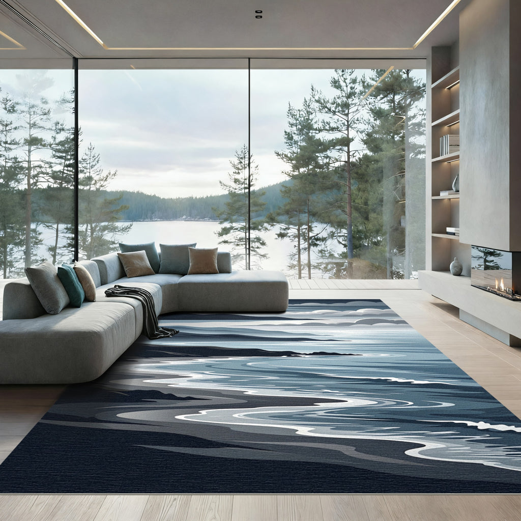 Serene Blue Coastal Wave Landscape Rug