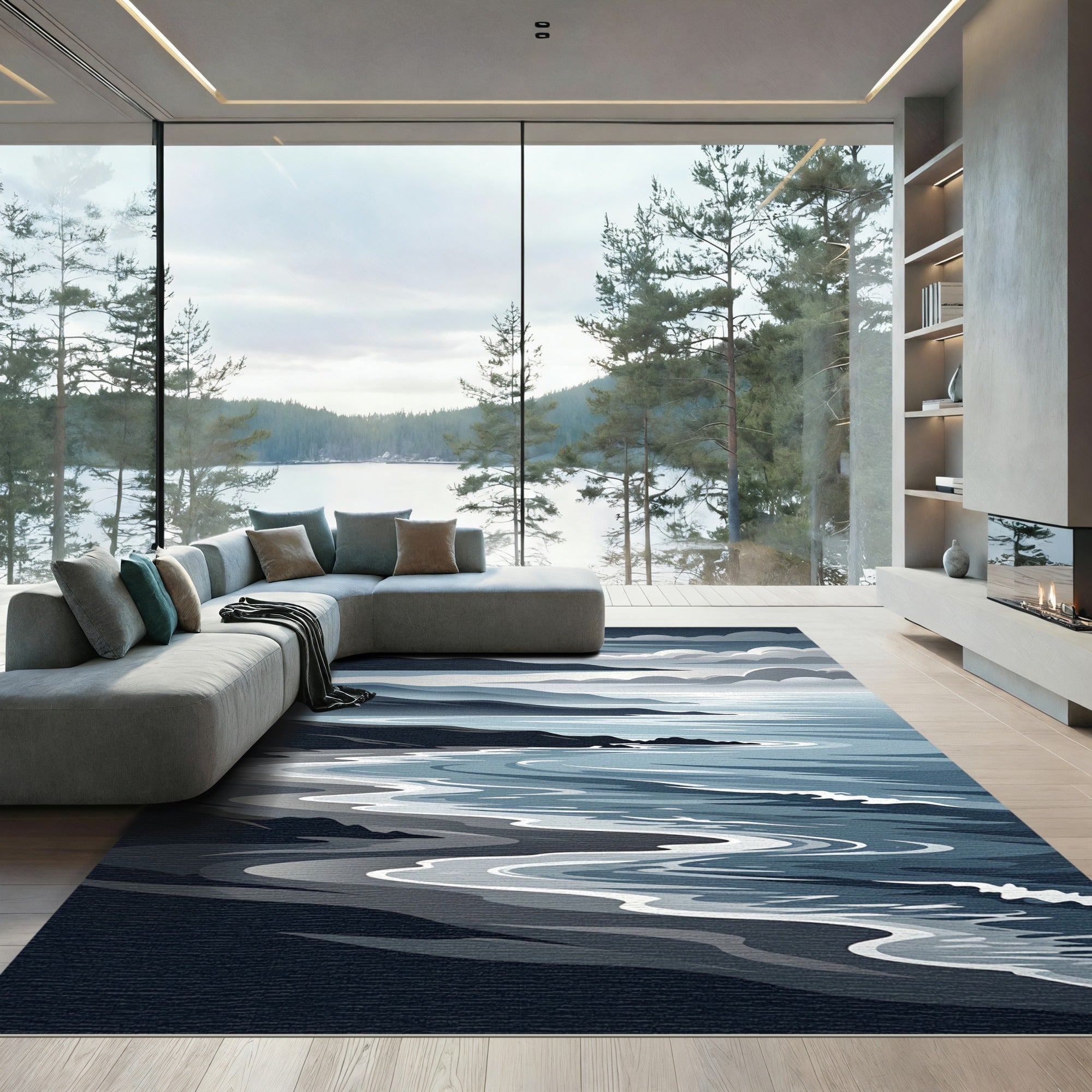 Serene Blue Coastal Wave Landscape Rug