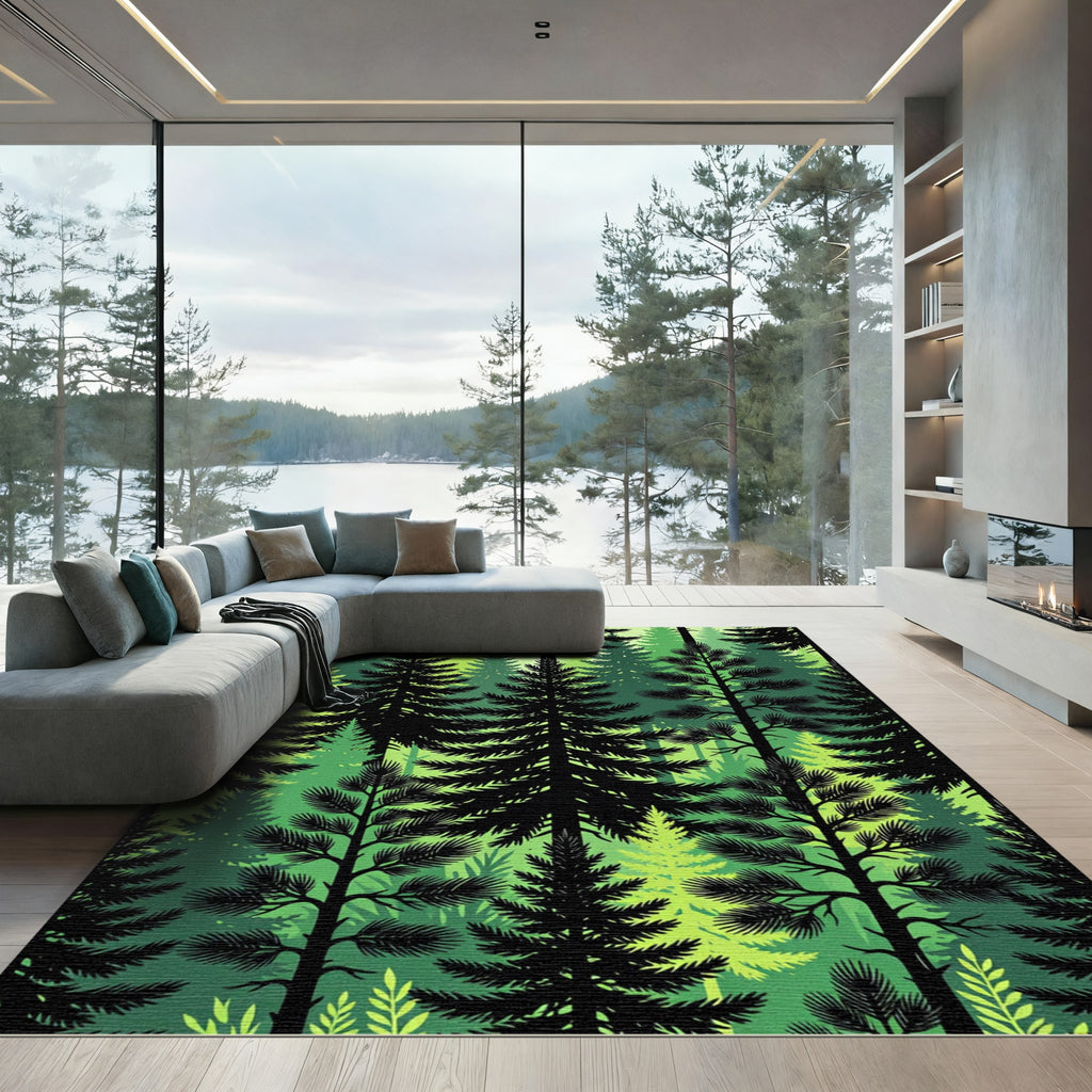 Emerald Forest Silhouette Trees Rug