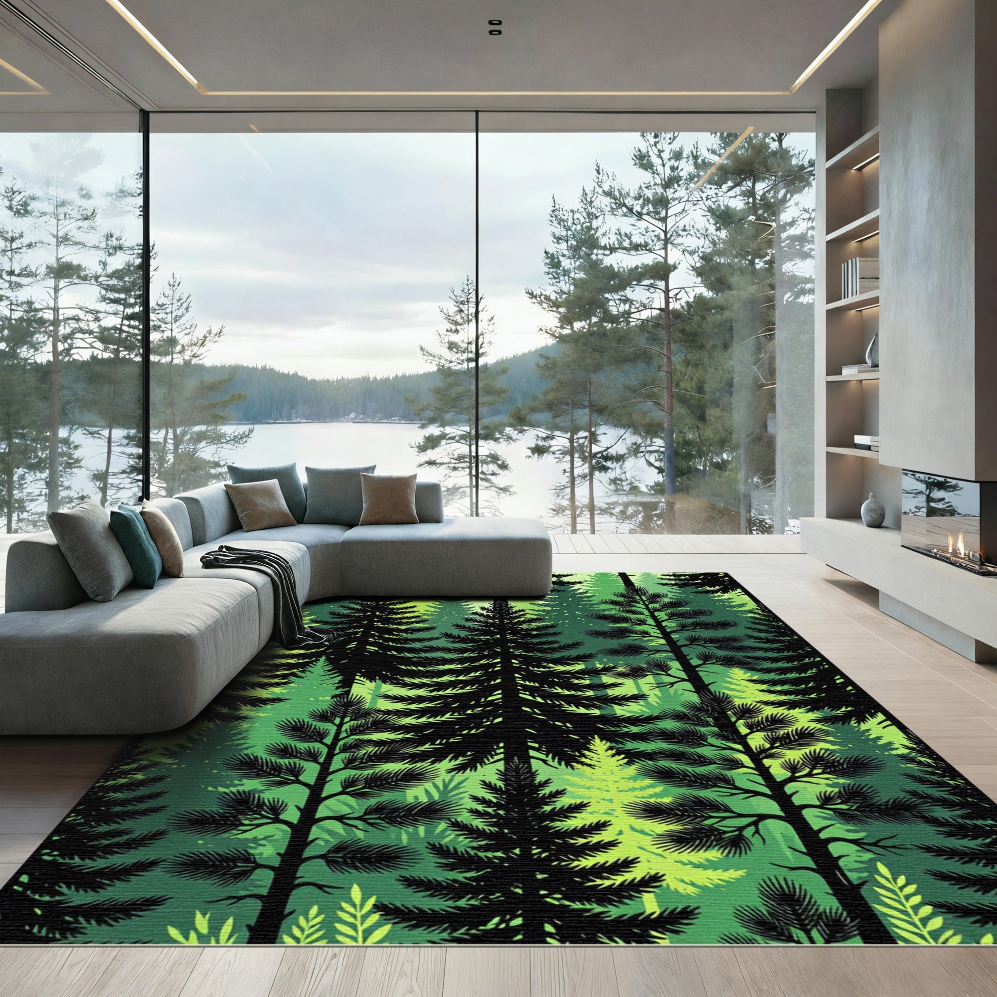 Emerald Forest Silhouette Trees Rug