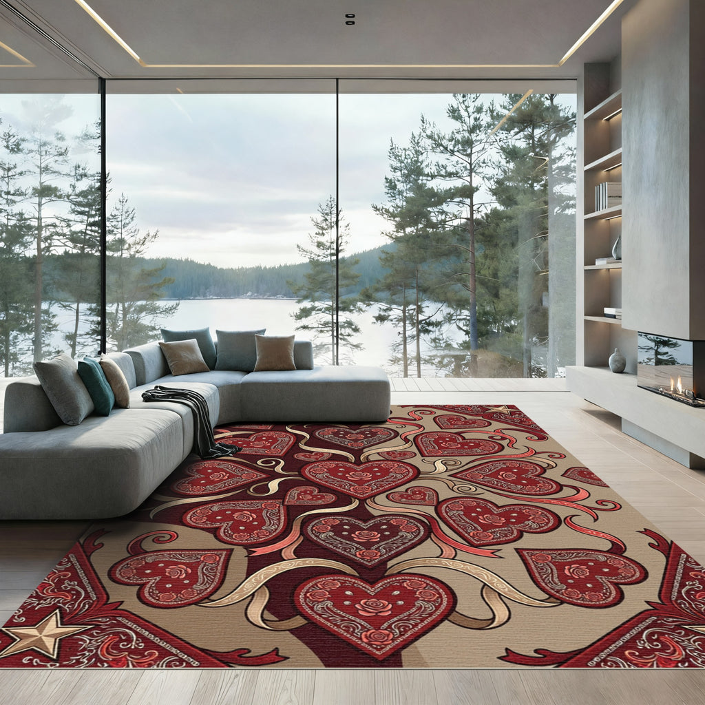 Crimson Red Heart Rose Filigree Rug