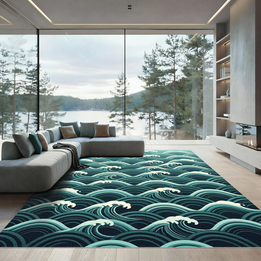 Deep Teal Ocean Wave Composition Rug