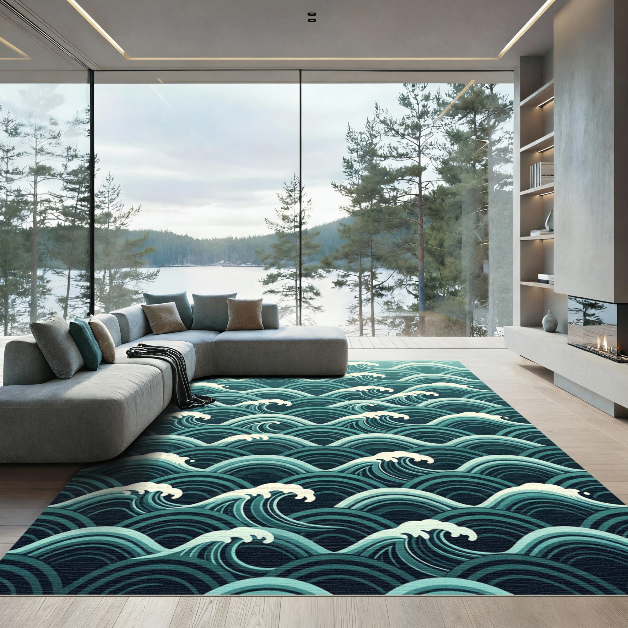 Deep Teal Ocean Wave Composition Rug