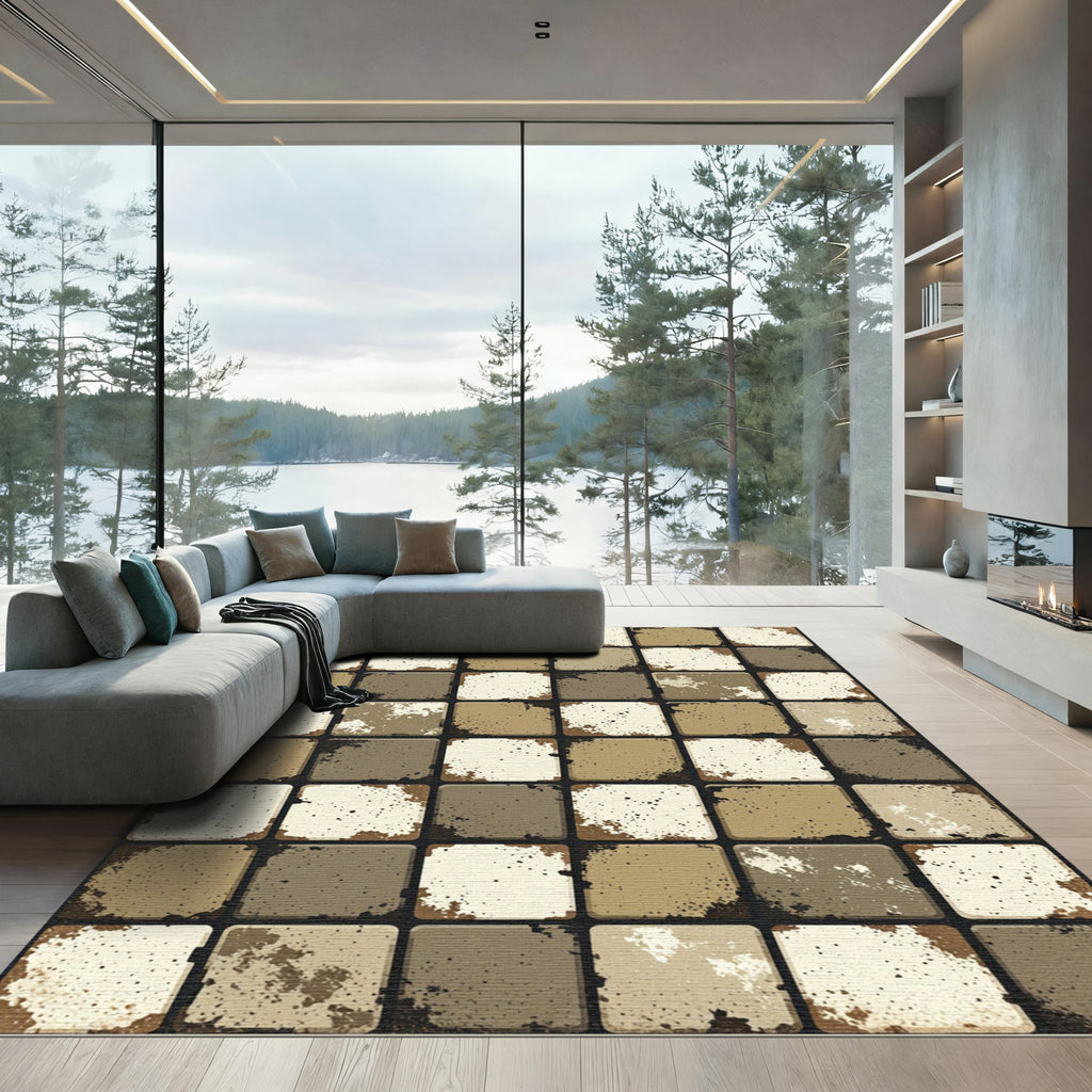 Distressed Earthy Neutral Stone Mosaic Rug