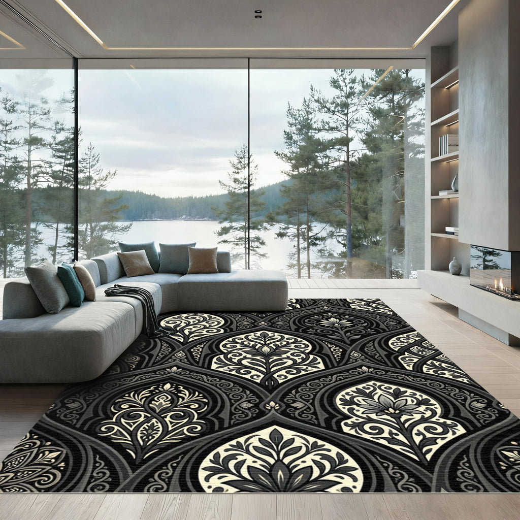 Formal Black Ivory Arabesque Floral Rug