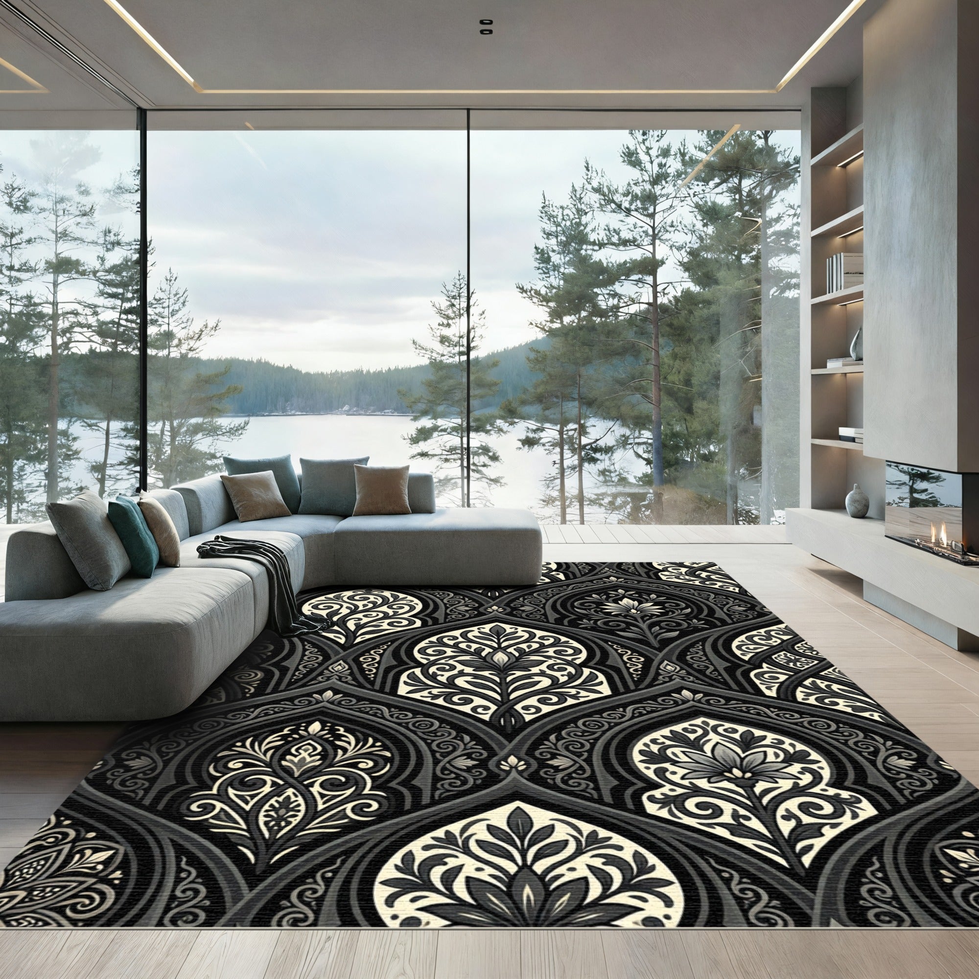 Formal Black Ivory Arabesque Floral Rug