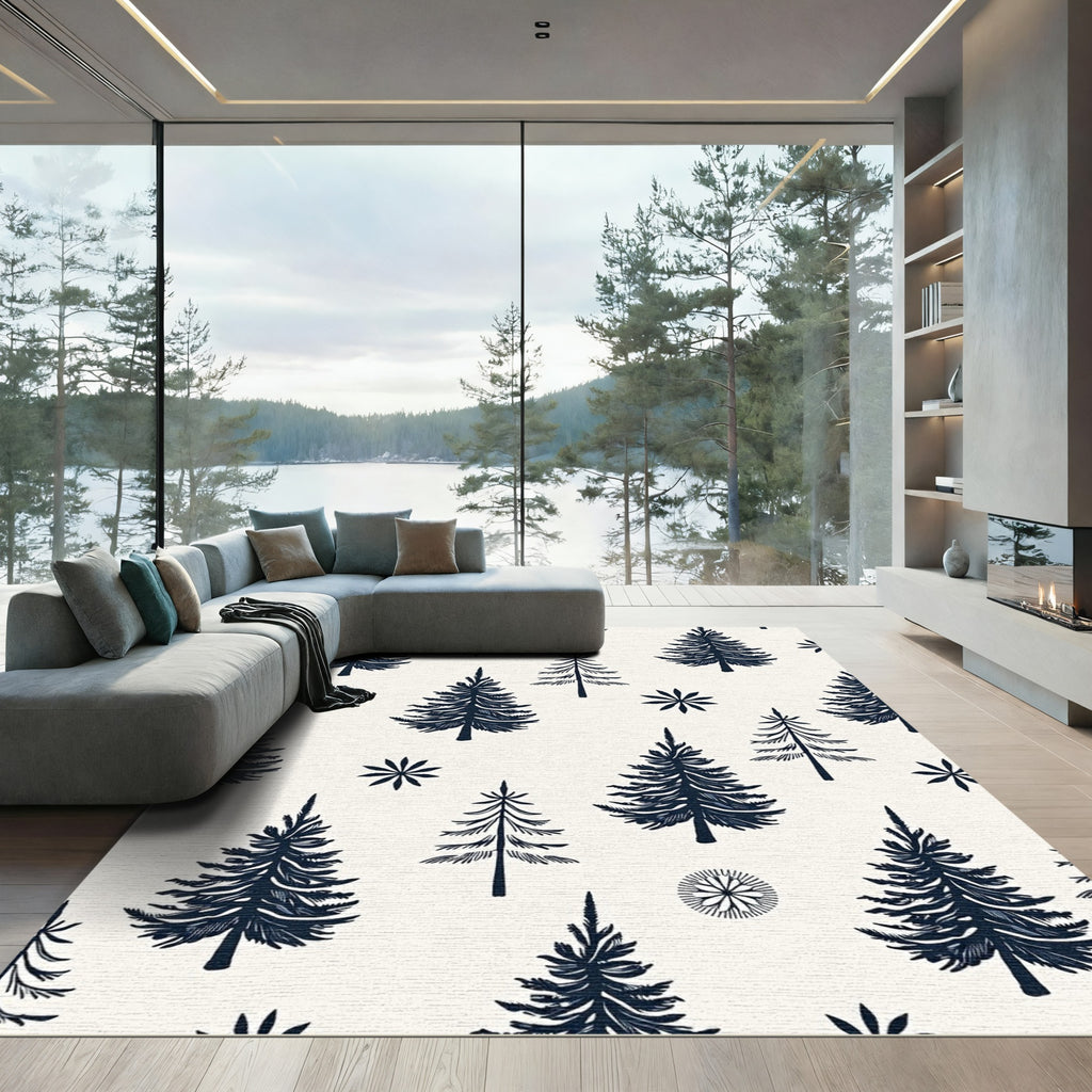 Deep Navy Pine Forest Snowflakes Rug