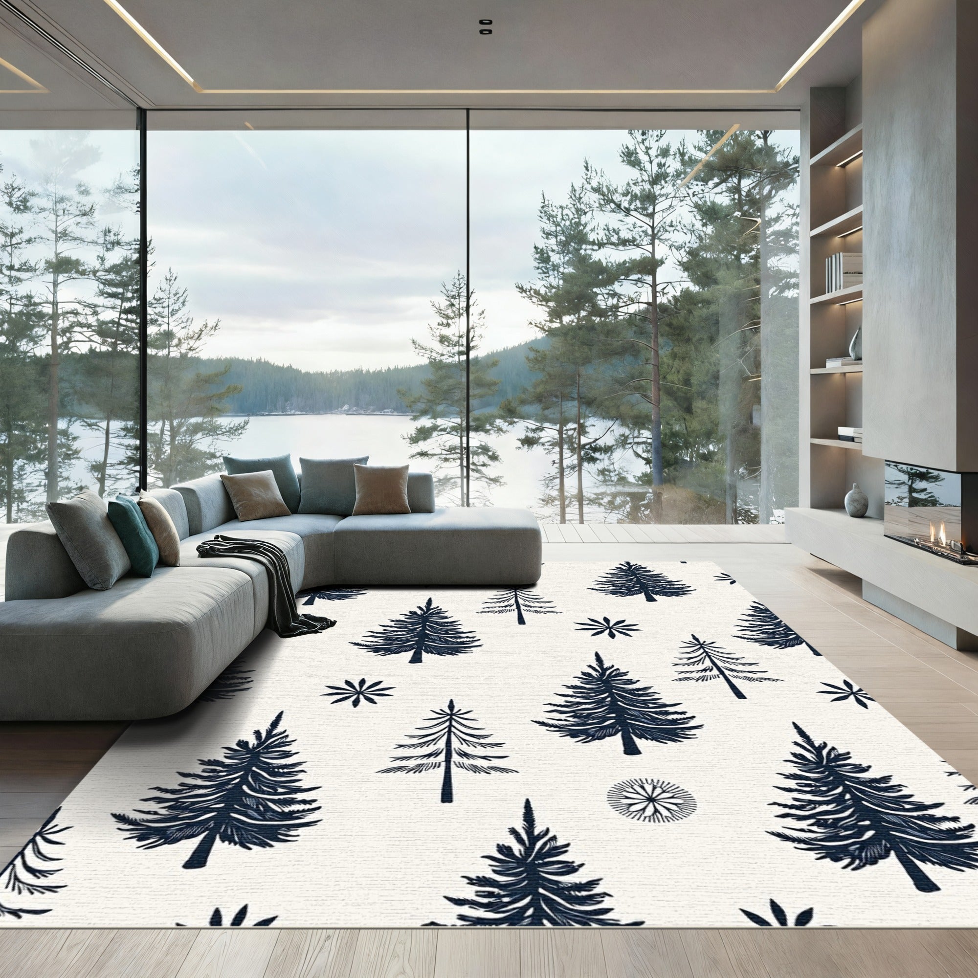 Deep Navy Pine Forest Snowflakes Rug